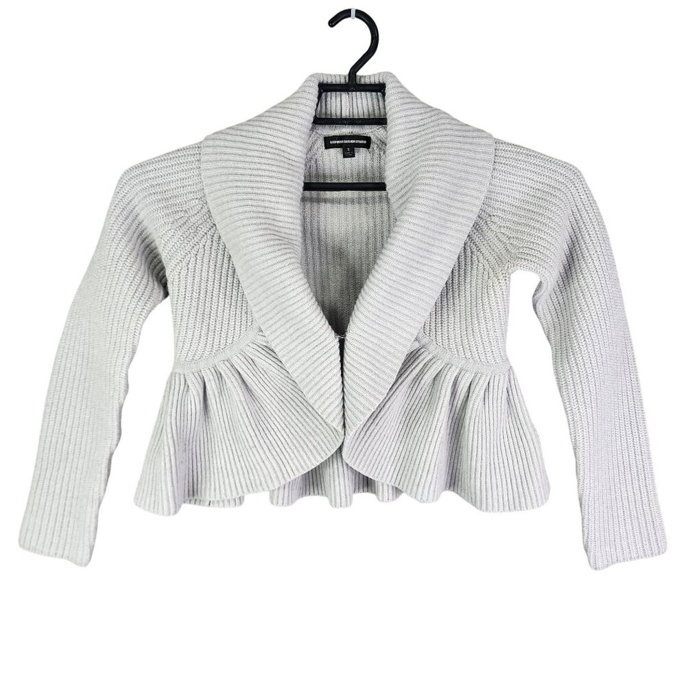 Womens Gray Express Design Studio Knitted Peplum Cardigan Sweater Wool Blend S